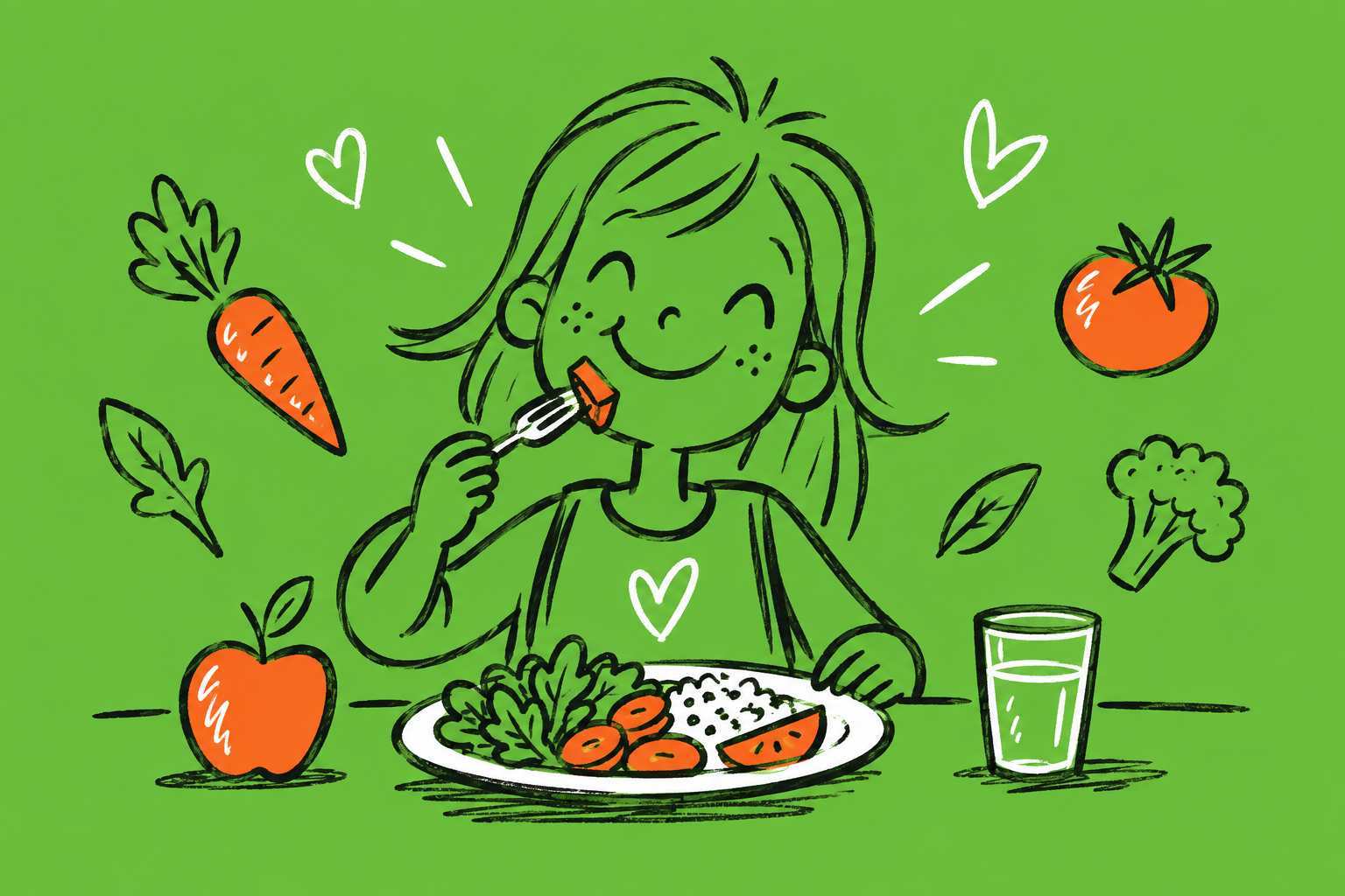 Bambina a tavola con un pasto scolastico sano